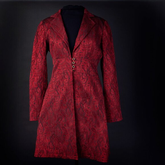 BISOU BISOU Paisley Blazer Jacquard Brocade Fitted Long Coat Dress 90s Red 8 - Picture 2 of 13